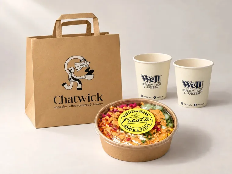 Bedrukte papieren draagtas, koffiebekers en een saladebowl van Natupack in een lichte studio
