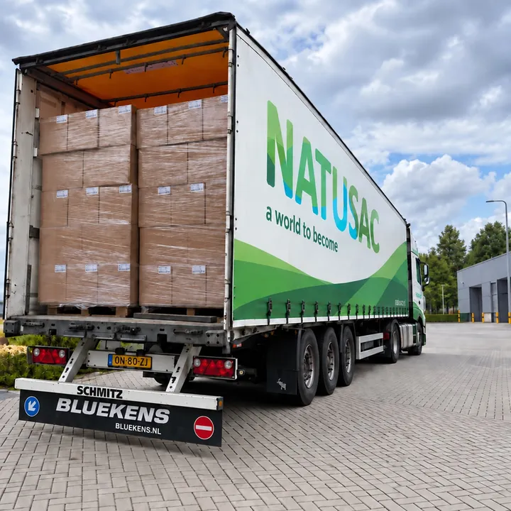 Vrachtwagen van Natusac met pallets verpakkingen bij het magazijn van Natu Group